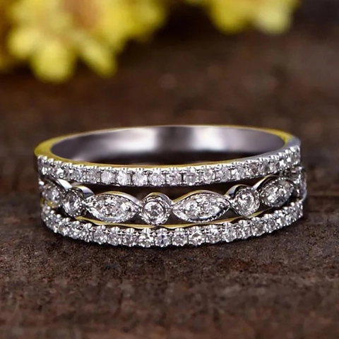 Bague De Luxe À Triple Couche Cuivre Zircone Marquise Rond CZ Pavé Creux Bijoux De Mode Pour Femmes