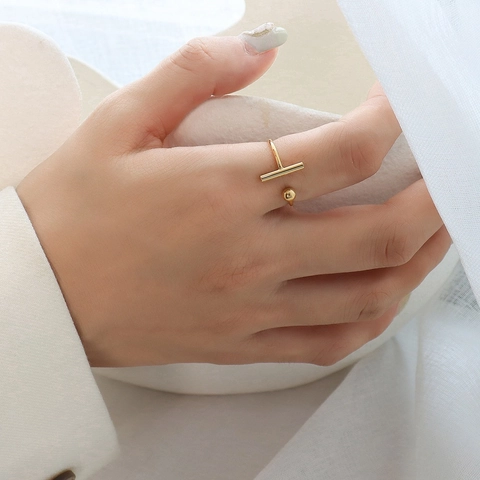 Minimalistische Titaniumstaal T-vorm Open Ring Voor Dames Verstelbaar Geometrisch Bal Einde Goud Zilver Roségoud Modering
