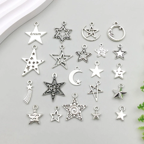 Stern Mond Anhänger Antik Silber Zinklegierung Hohle Pentagramm Pendants Für DIY Halskette Armband Schmuckherstellung