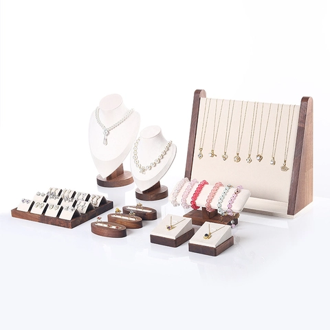 Walnut Wood Jewelry Display Stand Necklace Bust Earring Holder Ring Tray Bracelet Rack Organizer Microfiber Props