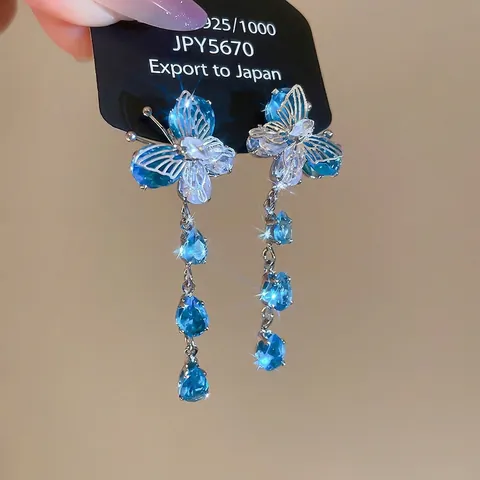Orecchini Pendenti Con Nappine A Farfalla Con Zircone A Goccia D'acqua Blu E Perno In Argento Per Donna Gioielli