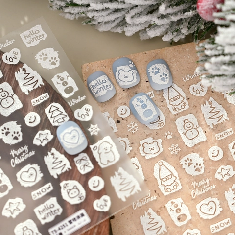 Adesivi Unghie 5D Rilievo Natale Pupazzo Di Neve Bianco 3D Inverno Fiocco Di Neve Babbo Natale Orso Decorazione Manicure