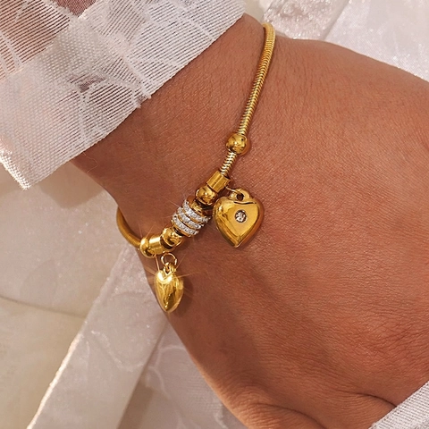 Pulsera de Mujer de Acero Inoxidable Dorado con Dije de Corazón y Diamantes de Imitación Cadena de Serpiente Joyería