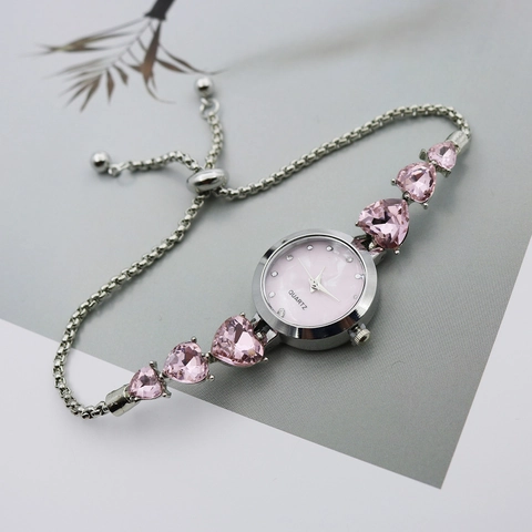 Elegant Women Heart Bracelet Watch Round Marble Dial Quartz Watch With Adjustable Slider Chain Rhinestone Jewelry Watch