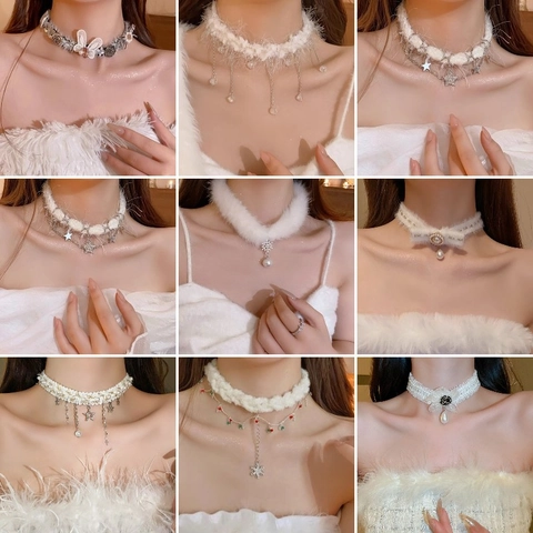 Collar Choker De Piel Sintética De Invierno Con Colgante De Copo De Nieve Circonita Perla Artificial Joyería Elegante Fiesta Navidad Mujeres