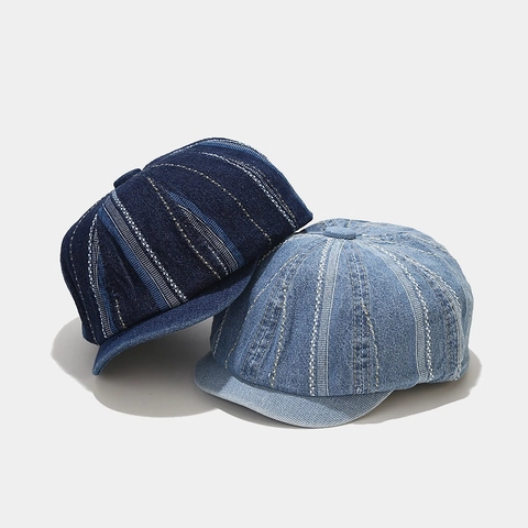 Vintage Gestreifte Baumwolle Denim Schirmmütze Gewaschen Retro Flache Ivy Hut Für Herren Damen Verstellbar Sonnenschutz