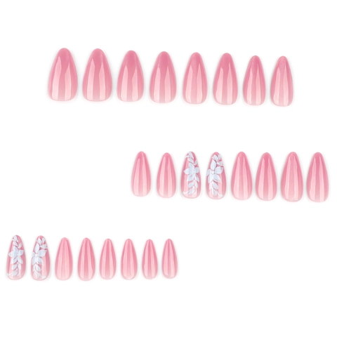 Long Almond Press On Nails Cat Eye Pink Ombre White Floral Design Glossy Artificial Fake Fingernails For Women