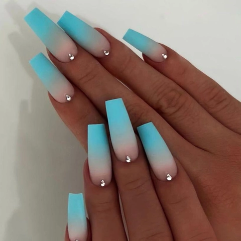 Long Coffin Press On Nails Gradient Ombre Blue Pink Matte Artificial Fake Fingernails With Rhinestone For Women Elegant Style
