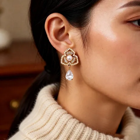 Bloem Kunstparel Druppel Oorbellen Met Zilveren Oorsteker Zirkoon Verguld Vintage Luxe Sieraden Voor Dames