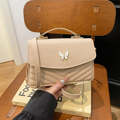 Bolso De Hombro Hebilla Mariposa Cuero PU Acolchado En V Bolso De Mano Bandolera Cuadrado Moda Retro Mujeres Elegante