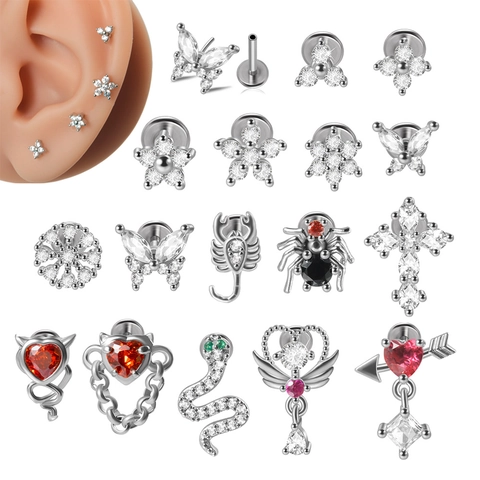 Threadless Roestvrij Stalen Labret Studs Zirconia Vlinder Hart Slang Schorpioen Kruis Piercing Oorbellen Kraakbeen Sieraden
