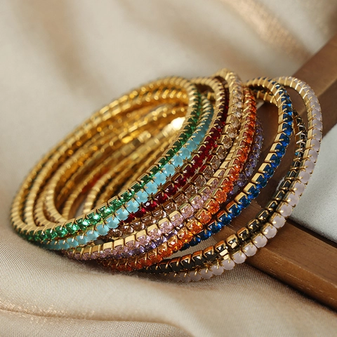 Pulsera Tennis De Circonita Colorida Para Mujer Acero De Titanio Chapado En Oro Elástica Minimalista Joyería