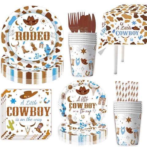 Western Cowboy Rodeo Theme Party Tableware Disposable Paper Plates Cups Napkins Banner Tablecloth Plastic Cutlery Straws