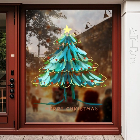 Christmas Tree Window Sticker Static Cling Double Sided PVC Decal For Glass Door Shop Mall Holiday Decor Artistic