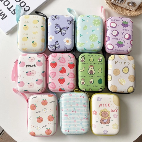 Cartoon Fruit Rectangular Earphone Storage Bag Portable Hard Shell Zip Case Data Cable Organizer Coin Purse Cute Accessory
