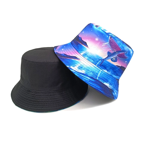 Bob Polyester Imprimé Dauphin Poisson Volant Protection Solaire Extérieur Plage Voyage Style Réversible Femmes