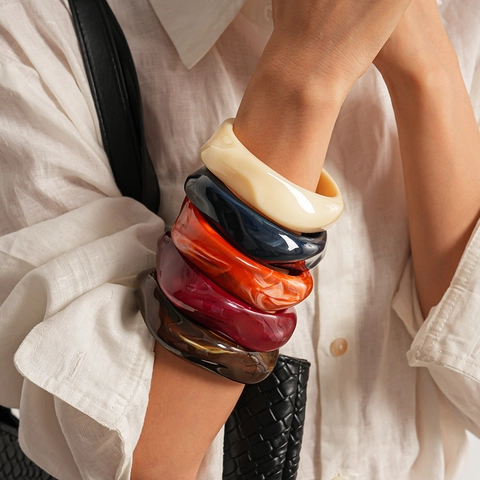 Chunky Irregular Acrylic Bangles Retro Geometric Resin Bracelets Vintage Marble Texture Fashion Jewelry For Women