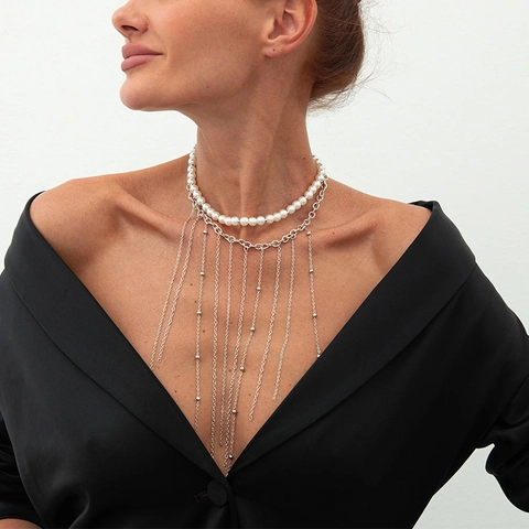 Lagen Kunstperlen Quaste Choker Halskette Metallkette V-Form Lange Fransen Elegante Hochzeitsfeier Schmuck Damen
