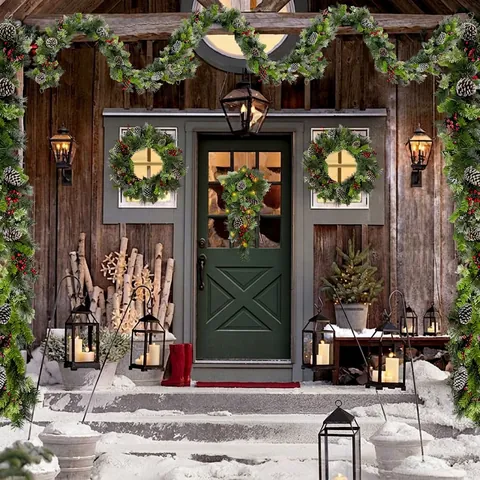 Corona De Navidad Guirnalda Teardrop Artificial Aguja De Pino Piña Baya Roja LED Luz Puerta Escalera Decoración Hogar