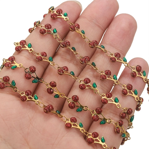 Stainless Steel Cherry Charm Link Chain Enamel Fruit Oil Drop For DIY Jewelry Making Necklace Bracelet Handmade Accessories