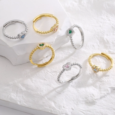 Heart Shaped Copper Ring Micro Paved Zircon Colorful Stones Adjustable Open Beaded Band Elegant Fashion Jewelry For Women