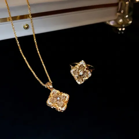 Vintage Bloemen Klavertje Vier Ketting En Ring Koper Echt Verguld Zirkoon Elegante Franse Stijl Voor Vrouwen