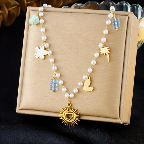 Stainless Steel Artificial Pearl Necklace With Heart Palm Tree Flower Pendants Gold Plated Summer Boho Jewelry For Women