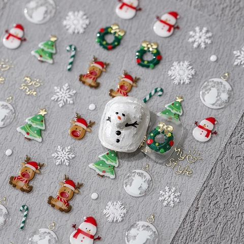 Autocollants À Ongles 5D Relief Noël Bonhomme De Neige Renne Arbre Flocon De Neige Manucure Auto Adhésive Décoration Fête