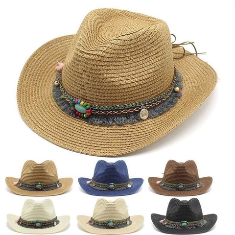 Western Cowboy Straw Hat Wide Brim Sun Protection Ethnic Beads Turquoise Tassel Outdoor Beach Sunshade Adjustable