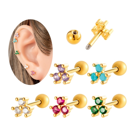 Cubic Zirconia Cluster Ear Cartilage Stud Stainless Steel Copper Threaded Ball Back Piercing Jewelry Tiny Helix Stud