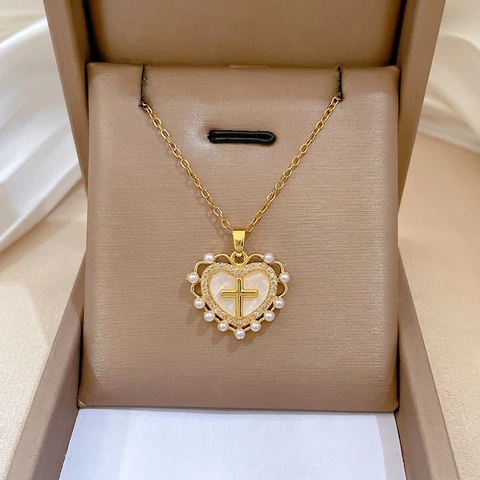 Heart Cross Pendant Necklace Stainless Steel Chain Copper Mother Of Artificial Pearl Zircon Artificial Pearl Inlaid Elegant Retro Jewelry Women