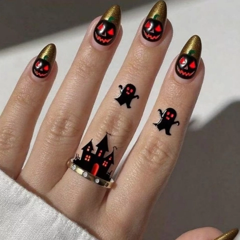 Faux Ongles Halloween Longs Forme Amande Paillettes Dorées Design Citrouille Noir Français Pour Femmes