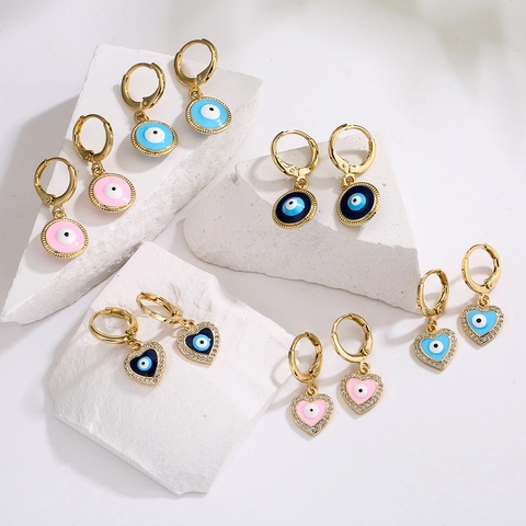 Evil Eye Herz Rund Anhänger Ohrringe Vergoldetes Kupfer Emaille Zirkon Huggie Creolen Mode Schmuck Damen
