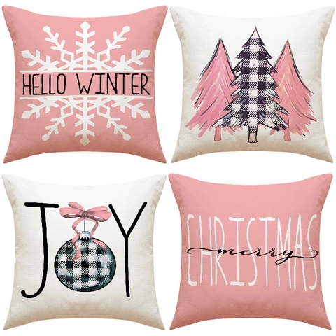 Kussensloop Roze Kerstboom Linnen Print Sneeuwvlok Winter Vakantie Huis Sofa Decoratieve Kussensloop