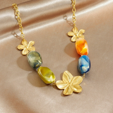 Collar Con Colgante De Flor De Camelia Acero Inoxidable Chapado En Oro Cuentas De Resina De Colores Joyería Vintage Para Mujeres