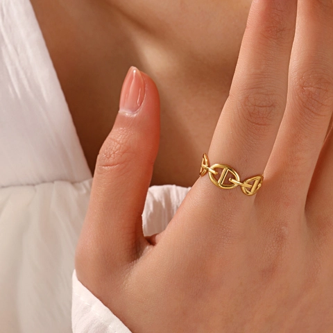 Anillo De Hocico De Cerdo De Acero Inoxidable Bañado En Oro De 18K Eslabón De Cadena De Ancla Banda Abierta Ajustable Para Mujer