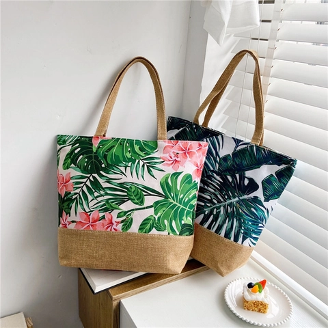 Large Capacity Tote Bag Tropical Floral Ocean Print Canvas Jute Stitching Casual Shoulder Beach Shopping Handbag Women