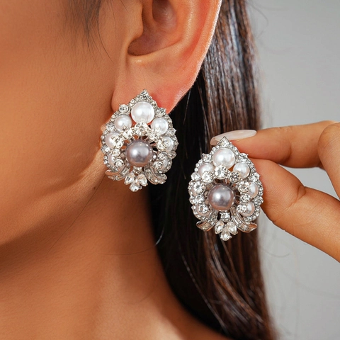 Vintage Geometric Flower Stud Earrings With Imitation Artificial Pearl Rhinestone And Silver Earring Post Luxury Alloy For Women