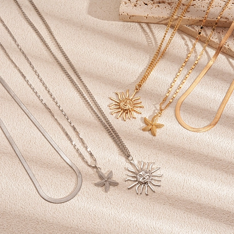 Multi Layer Necklace Copper Alloy Flat Snake Chain Starfish And Sun Face Pendant Bohemian Style Jewelry For Women