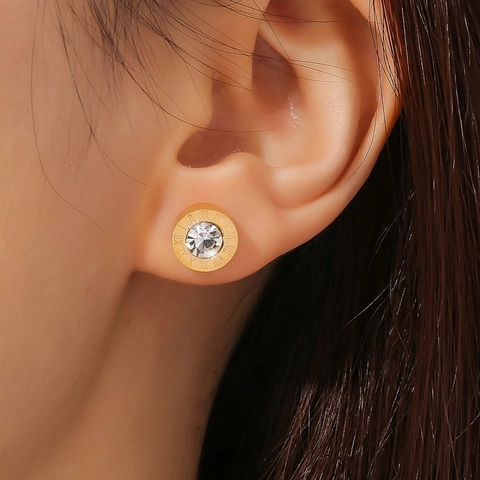 Titanium Steel Round Stud Earrings With Zircon Inlay Roman Numerals Geometric Fashion Jewelry For Women