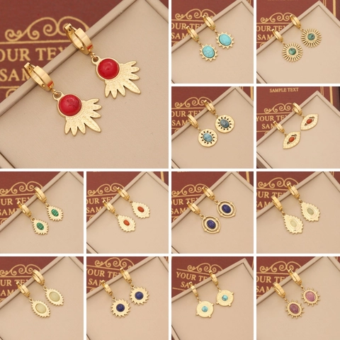 Bohemian Hoop Drop Earrings Stainless Steel Natural Stone Vintage Geometric Sun Eye For Women