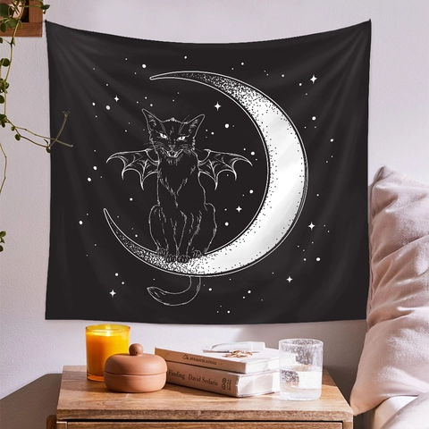 Black Cat Tapestry Polyester Moon Phase Witchy Gothic Wall Hanging For Bedroom Living Room Dorm Aesthetic Room Decor