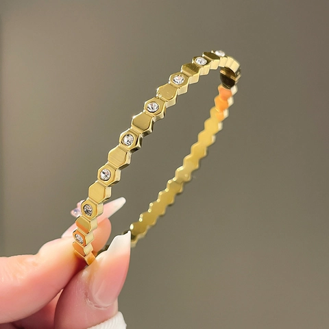 Bracelet Hexagone Nid d'Abeille en Acier Inoxydable Avec Strass Minimaliste Empilable Géométrique Bangle Bijoux Femme Cadeau