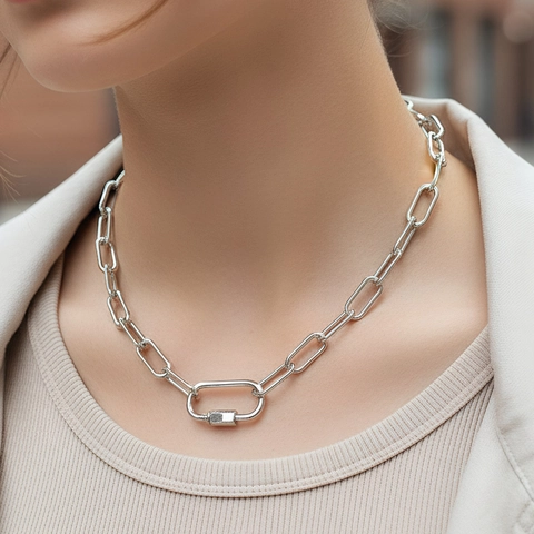Collar de Cadena de Clip de Cobre Industrial Retro para Mujer Colgante de Óvalo con Cierre de Tornillo Joyería de Moda