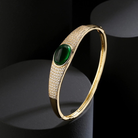 Retro Cuff Bracelet Copper Gold Plated Micro Pave Zircon Oval Red Green Synthetic Gemstone Jewelry For Women Lightweight