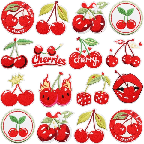 Cherry Embroidery Patches Polyester Thread Iron On Decorative Fruit Lips Dice Applique For Clothes Bags Hats DIY Cartoon Accessories