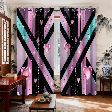 Geometric Heart Pattern Blackout Curtains Polyester Grommet Top Decorative Window Drapes Bedroom Living Room