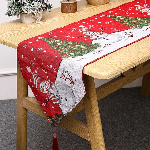 Christmas Table Runner Knitted Fabric Santa Claus Snowman Pattern Tassel Decorative Dining Room Holiday Ornament Cartoon