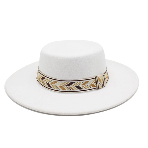 Flat Top Boater Hat Wool Felt Wide Brim Ethnic Woven Band Jazz Fedora Retro Style For Men Women