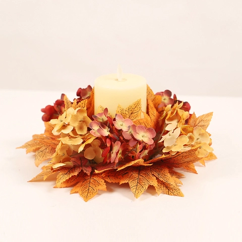 Artificial Maple Leaf Hydrangea Candle Ring Fall Harvest Table Centerpiece Thanksgiving Halloween Christmas Decor Fabric Plastic